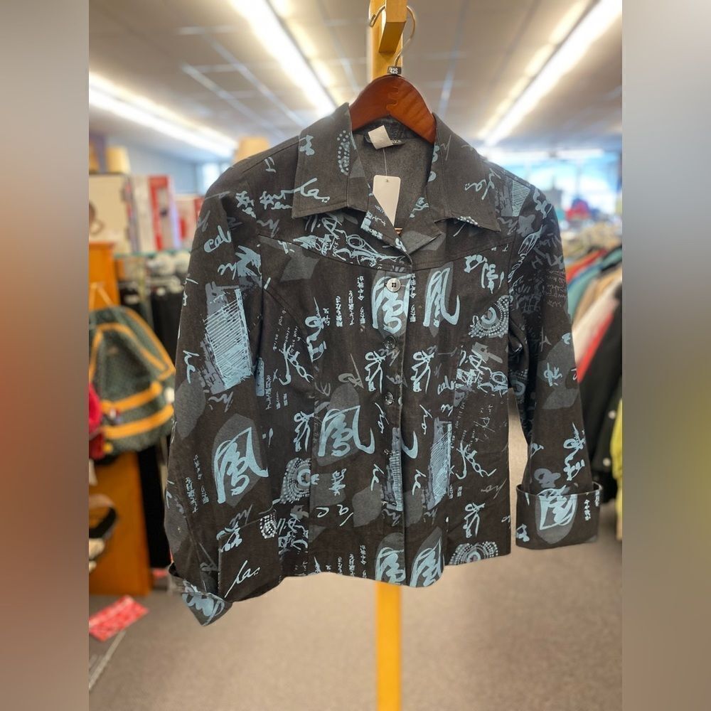 🛍️ SOFt Works Ladies 12 Black & Blue Oriental PRINT jEAN JACKET